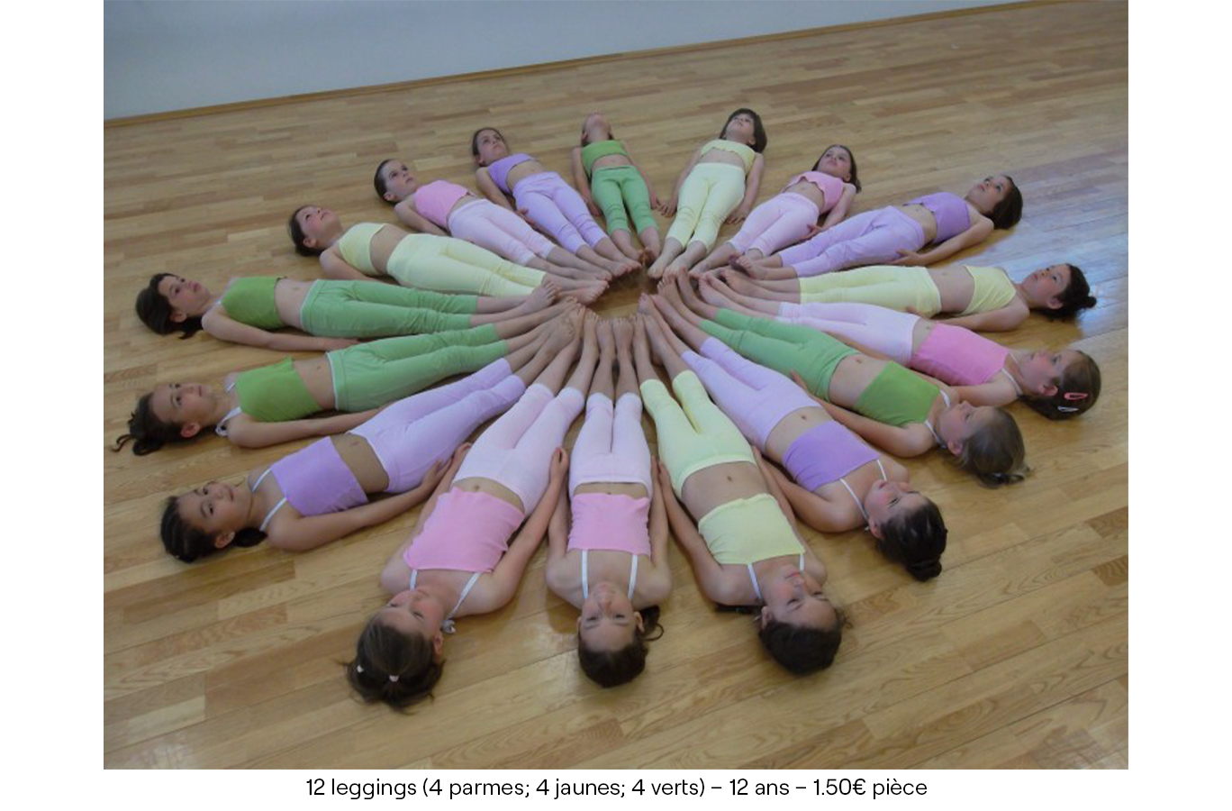 12 leggings (4 parmes; 4 jaunes; 4 verts) – 12 ans – 1€50 pièce copie