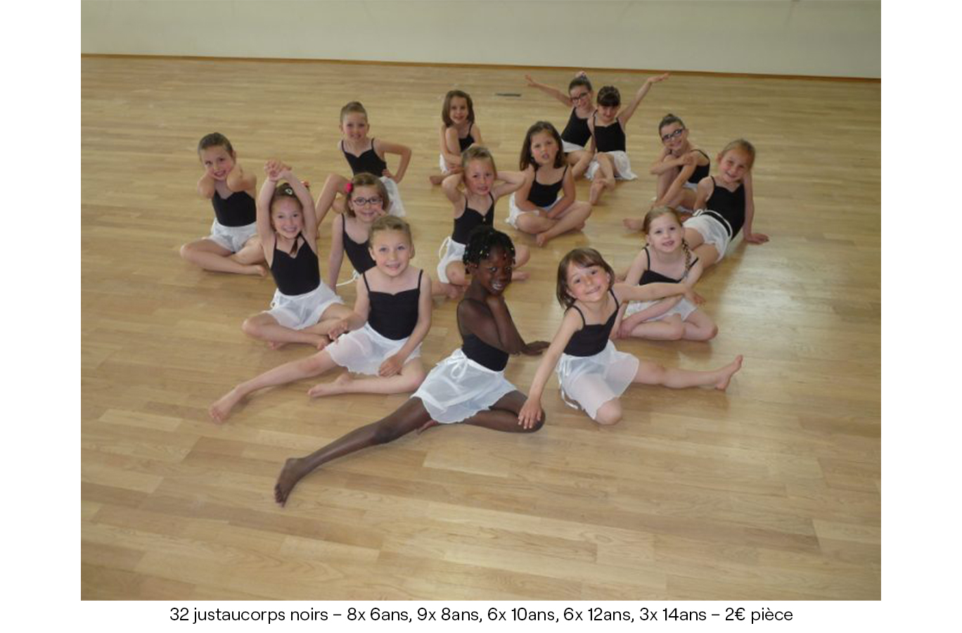 32 justaucorps noirs – 8x6ans, 9x8ans, 6x 10ans, 6x 12ans, 3x 14ans – 2€ pièce copie